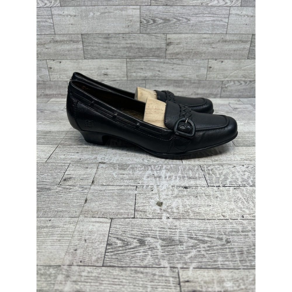 Born Blanche Buckle Strap Black Leather Kitten Heel Slip On Loafers Women Sz 10 - Picture 6 of 12